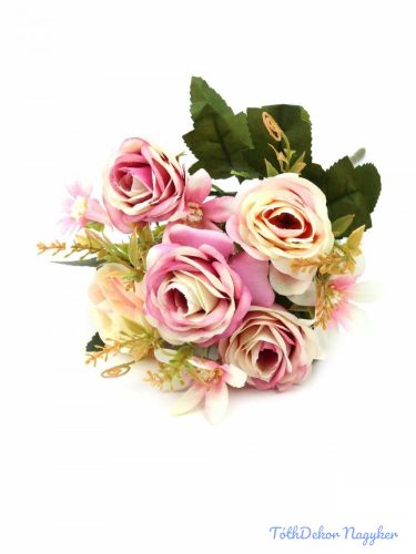 Rózsa selyem csokor díszítőkkel 28 cm - Krém-Rózsaszín Mix