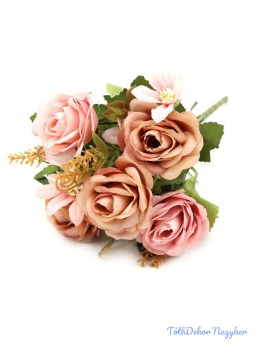 Rózsa selyem csokor díszítőkkel 28 cm - Antik Barackos Mix