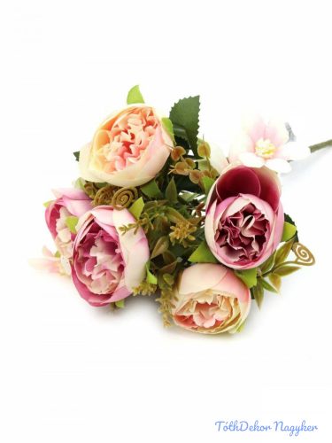 Ranunculus selyem csokor díszítőkkel 28cm - Krém-Rózsaszín
