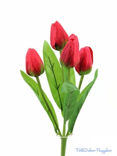 Tulipán 5 fejes selyem csokor 30 cm - Piros