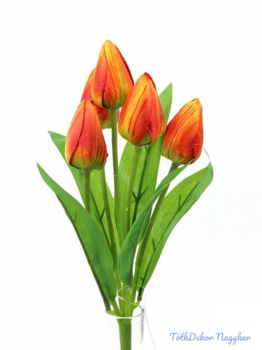 Tulipán 5 fejes selyem csokor 30 cm - Narancs