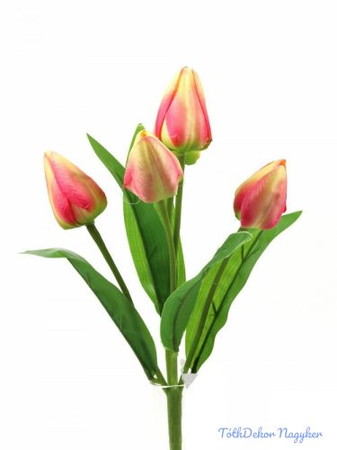 Tulipán 5 fejes selyem csokor 30 cm - Krém-Rózsaszín