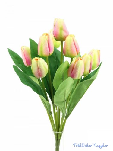 Bimbós tulipán 9 fejes selyem csokor 43cm - Átmenetes Rózsaszín