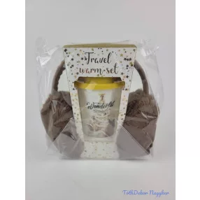   Karácsonyi szett - Plüss fülvédő+kerámia pohár 300ml - Barna csajszis