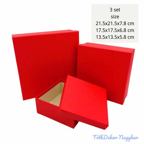 Papírdoboz 3db/szett kocka 21,5-17,5-13,5cm - Piros