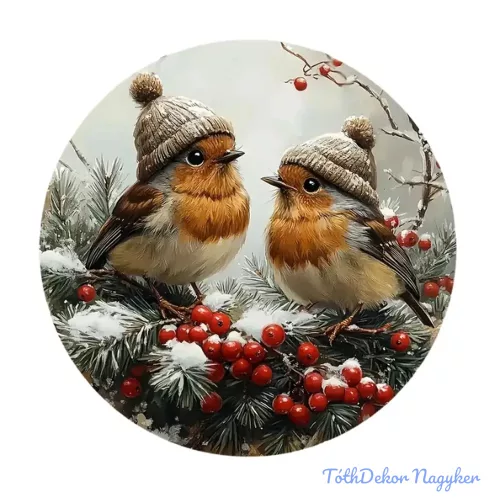 Nyomtatott fa tábla koszorú közép - Sapkás madarak 11,8cm