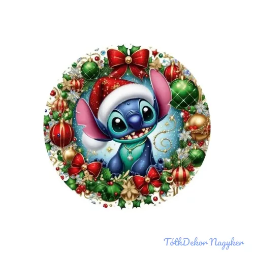 Nyomtatott fa tábla koszorú közép - Karácsonyi stich 11,8cm