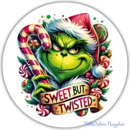 Nyomtatott fa tábla koszorú közép - Cukros grincs 11,8cm