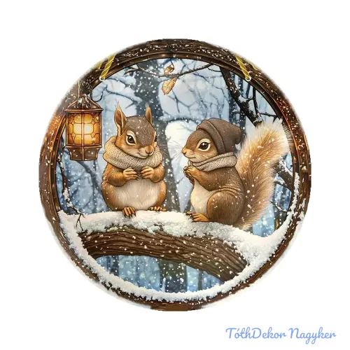 Nyomtatott fa tábla koszorú közép - Két mókus 11,8cm