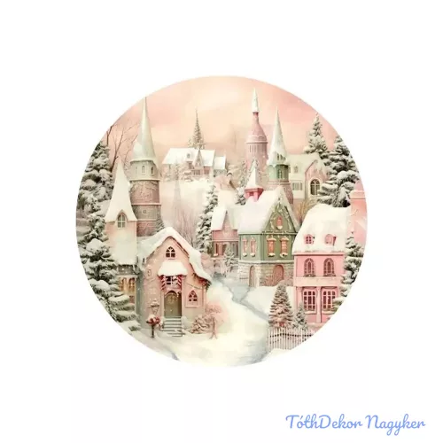 Nyomtatott fa tábla koszorú közép - Pasztell házak 11,8cm