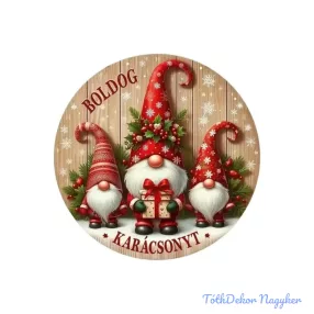 Nyomtatott fa tábla koszorú közép - Piros Manók 11,8cm