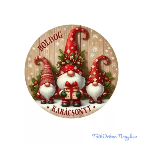 Nyomtatott fa tábla koszorú közép - Piros Manók 11,8cm