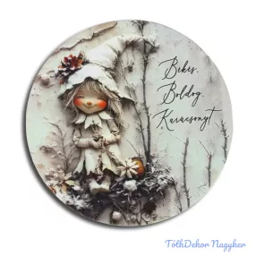   Nyomtatott fa tábla koszorú közép - Vint. Fehér téma 11,8cm