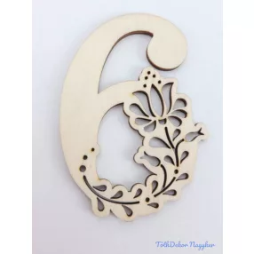 Díszes natúr lézervágott fa szám 6,5x5cm - 6