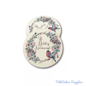   Kerek karácsonyi 7cm 5db/csomag - Boldog karácsonyt madaras