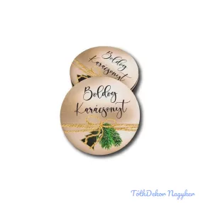   Kerek karácsonyi 7cm 5db/csomag - Boldog Karácsonyt rosegold, zöld dísszel