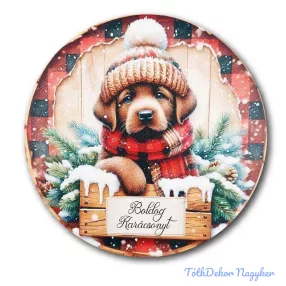 Karácsonyi kör tábla 13cm - Kutyusos - Boldog Karácsonyt