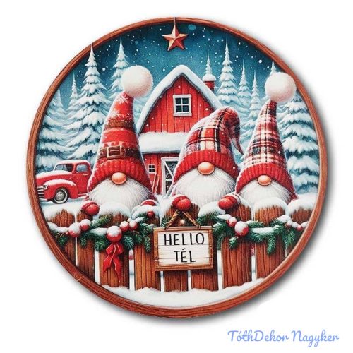 Karácsonyi kör tábla 13cm - Manók+Autó - Hello Tél