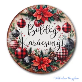   Karácsonyi kör tábla 20cm - Díszgömbös virágos - Boldog Karácsonyt