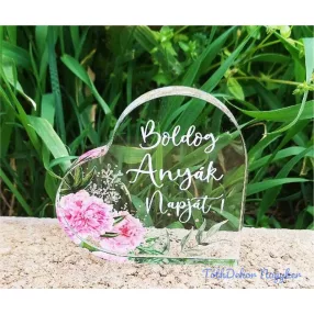   Kis plexi szív  Boldog anyák napját 6,6x6,6cm - Rózsaszín