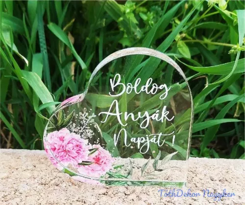 Kis plexi szív  Boldog anyák napját 6,6x6,6cm - Rózsaszín