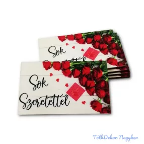   Sok szeretettel - rózsás téglalap fa tábla 5x8cm 5db/csomag