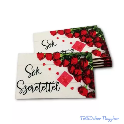 Sok szeretettel - rózsás téglalap fa tábla 5x8cm 5db/csomag
