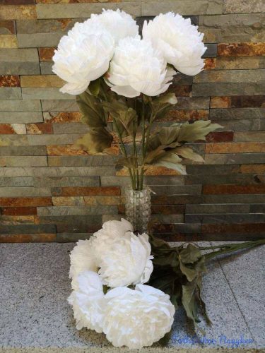 Peónia 5 ágú telt szirmú selyemvirág csokor 50 cm - Fehér