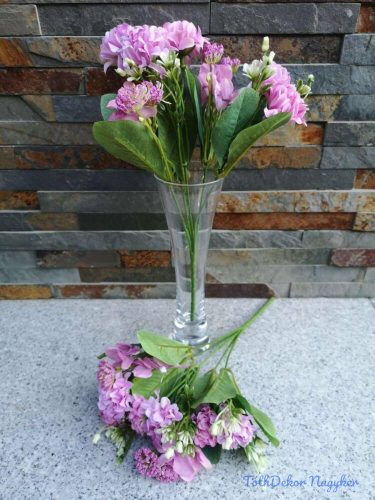 Vegyes hortenzia dália 5 ágú selyemvirág csokor díszítőkkel 30 cm - Világos Lila