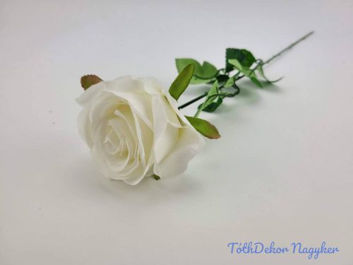 Nyíló rózsa szálas selyemvirág 60 cm - Törtfehér
