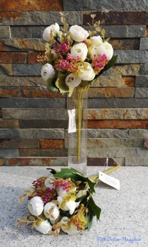 Boglárka aprófejű 5 ágú selyemvirág csokor díszítőkkel 28 cm - Fehér