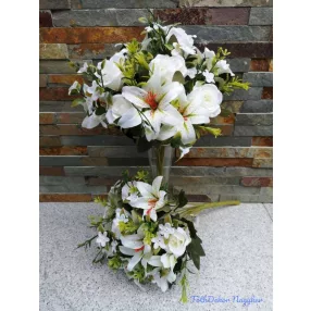   Rózsa + Liliom 12 fejes vegyes selyemvirág csokor 35 cm - Krém