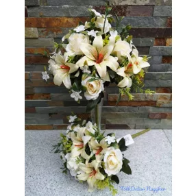   Rózsa + Liliom 12 fejes vegyes selyemvirág csokor 35 cm - Vanília