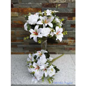   Rózsa + Liliom 12 fejes vegyes selyemvirág csokor 35 cm - Hófehér