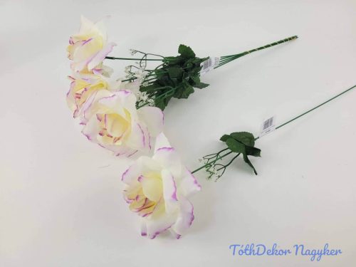 Nagyfejű szálas selyem rózsa 51 cm - Fehér-Lila Cirmos