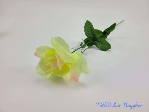 Nyílott rózsa szálas selyemvirág 50 cm - Zöldes Rózsaszín