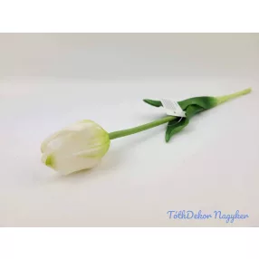   Tulipán gumi szálas élethű szár + levél 45 cm - Zöldes Fehér