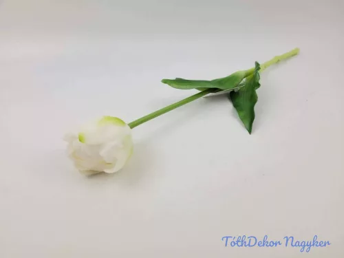 Tulipán kerek gumi szálas élethű szár + levél 39 cm - Zöldes Fehér