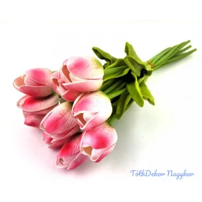 Tulipán 10 szálas gumi köteg 34 cm - Fehér-Rózsaszín
