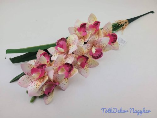 Gumis mű cymbidium orchidea levéllel 54cm - Rózsaszín Foltos