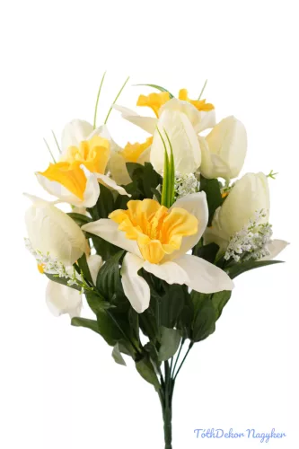 Tulipán-Nárcisz tavaszi selyemvirág csokor 40cm - Fehér