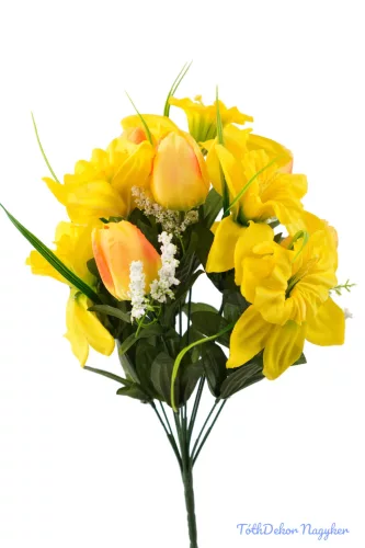 Tulipán-Nárcisz tavaszi selyemvirág csokor 40cm - Sárga
