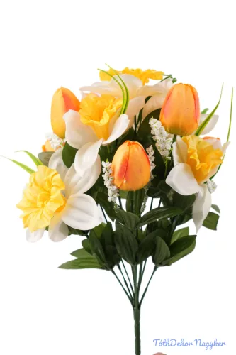Tulipán-Nárcisz tavaszi selyemvirág csokor 40cm - Napsárga