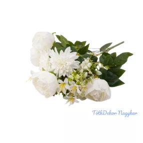  Peónia-Dália 11 ágú selyemvirág csokor 48cm - Törtfehér