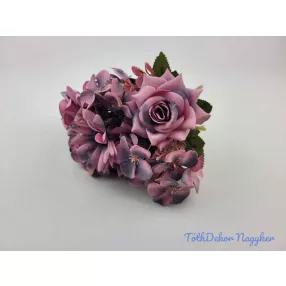   Rózsa + kis virág 7 ágú selyem csokor 29cm - Sötét Lilás Rózsaszín