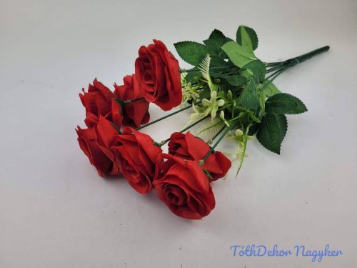 Rózsa 7 ágú selyemvirág csokor 42cm - Piros