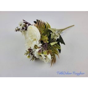   Krizantém-Boglárka 7 ágú selyemvirág csokor 32 cm - Törtfehér