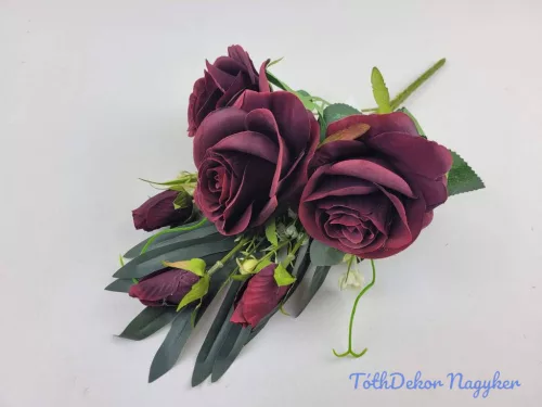 Féloldalas 7 ágú rózsa-rózsabimbó csokor 38cm - Bordó