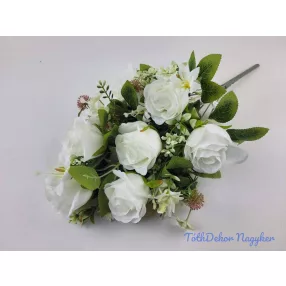   Féloldalas 9 ágú rózsa selyemvirág csokor 48cm - Törtfehér