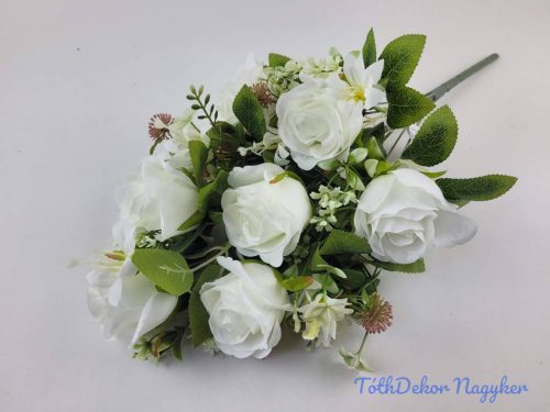Féloldalas 9 ágú rózsa selyemvirág csokor 48cm - Törtfehér